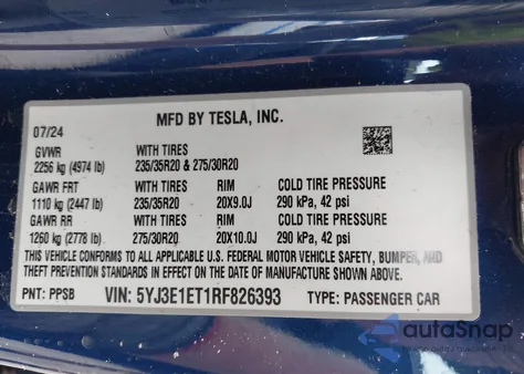 2024 Tesla Model 3 Performance All-Wheel Drive from USA, damaged, VIN 5YJ3E1ET1RF826393
